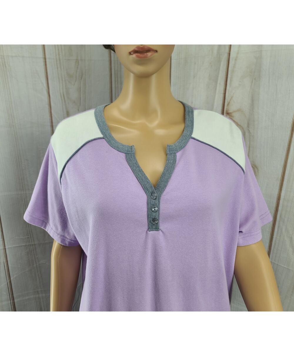 BonWorth Women MP Purple, Gray & White Short Sleeve V-Neck Henley Shirt Top